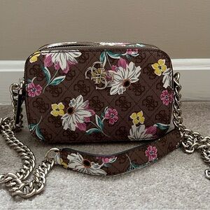 Guess Brown and Pink Crossbody Bag with Floral Design